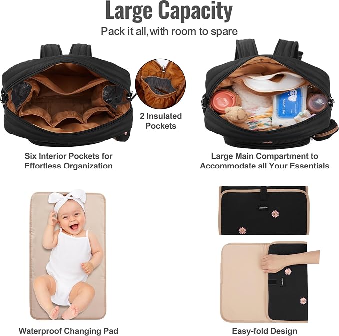 Diaper Bag Backpack with Changing Pad - Travel Baby Bag, Insulated Bottle Pockets, Stroller Straps (Medium - Black Flowers) - Image 4