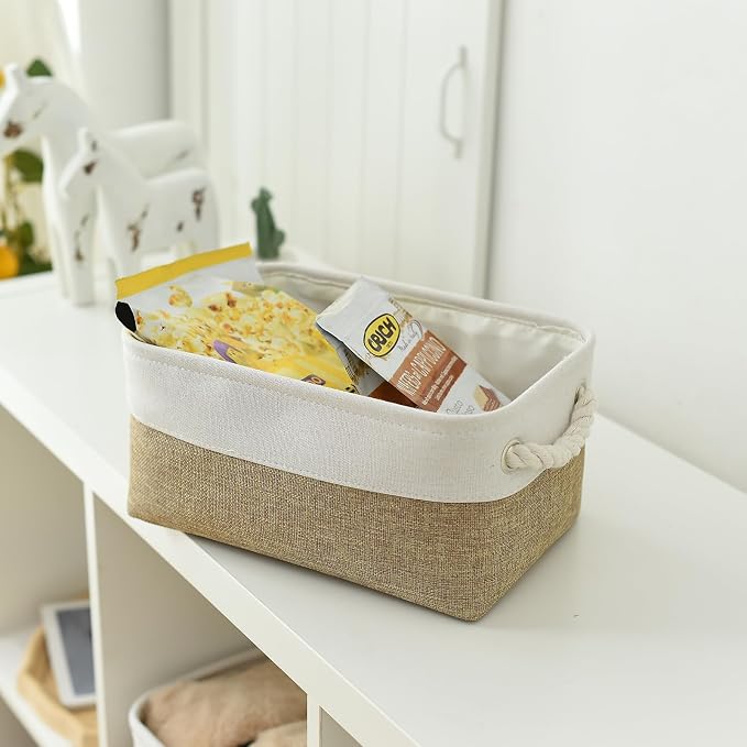 Storage Basket for Organizing - 1 Pack 12x8x5.2 inch Baskets for Gifts Empty with Handles, Fabric Storage Cubes for Organizer Closet Dog Gift Cloth Toy (Whiet & Khaki) - Image 6