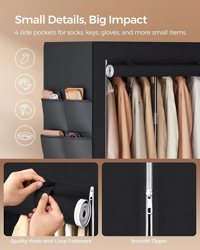 SONGMICS Portable Closet, Wardrobe Closet Organizer with Cover, 4 Hanging Rods and Shelves, 4 Side Pockets, 17.7 x 66.9 x 65.7 Inches, Large Capacity for Bedroom, Living Room, Ink Black URYG094B02 - Image 6