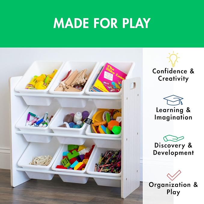 Humble Crew Kids Toy Organizer with 9 Bins, 3 Tier Storage for Playroom | Sturdy wood and steel toddler shelf, removable BPA-free containers, wall anchor anti-tip safety kit for bedroom or classroom - Image 5