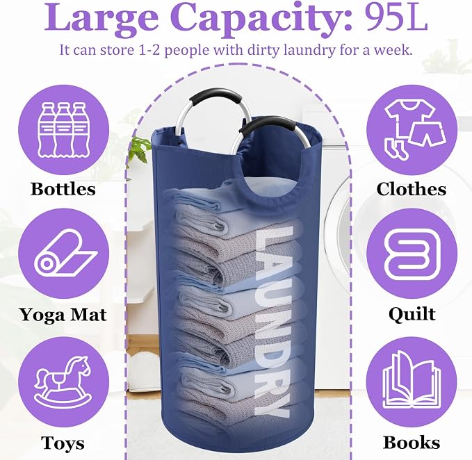 95L Collapsible Laundry Baskets for Boy, Big Clothes Hampers with Handles, Stand-alone Laundry Bin, Portable Dirty Clothes Basket for Bathroom, Camping, Navy Blue - Image 2