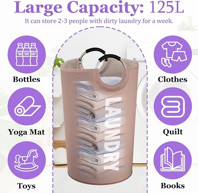 125L Extra Large Laundry Basket with Handles, Folding Dirty Clothes Hamper, Independent Laundry Hamper in 600D Oxford Fabric, Rugged Storage Basket for Family, Dorm, Khaki - Image 2