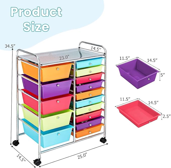 15 Drawer Rolling Storage Cart, Rolling Cart with Drawers for Classroom, Art Supply Craft Organizer on Wheel with Metal Frame & Handles for Home Office School - Image 3