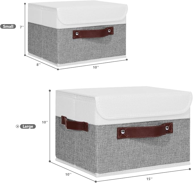 ANMINY Fabric Storage Box Bins with Lids, Gray White, 15"x10"x10" | Keepsake Memory Storage, Cotton Linen, PP Board Reinforced, Washable, PU Handles, Foldable & Stackable, Decorative, Large - Image 5