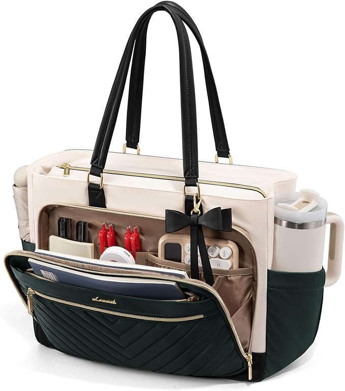 LOVEVOOK Laptop Tote Bag for Women, Work Bag Teacher Tote with Large Cup Holder, Quilted Nurse Diaper Bag for Travel, Computer Women's handbags for Teacher gift, Dark green-beige-black, 15.6 Inch by LOVEVOOK