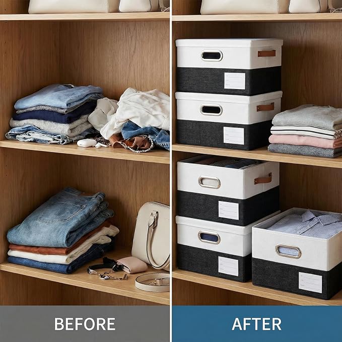 Storage Bins with Lids [3-Pack] Linen Fabric Foldable Storage Boxes Organizer Containers Baskets Cube with Cover for Bedroom Closet Office Black & White（11.4X8.6X6.7 - Image 6
