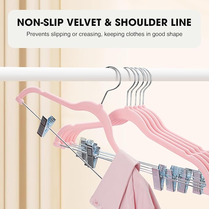 24-Pack Blush Pink Velvet Hangers with Clips Adjustable,Adult Hangers,Heavy-Duty,Felt,Non-Slip,Space Saving,Slim Outfit Hanger for Pants, Skirts, Suits,Coats, Dresses ect. - Image 4