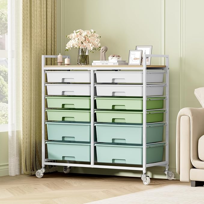 TOOLF 12 Drawers Rolling Storage Cart with Wooden Top for Classroom,Green | Teacher Cart Craft Art Supply Organizer, Utility Cart with Lockable Wheels for Home Household Essentials, Office Organization - Image 2