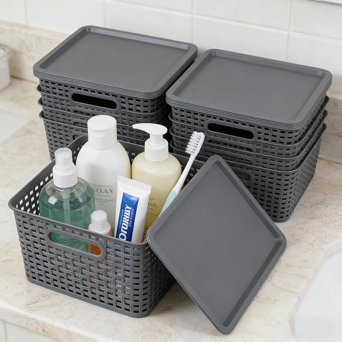 6 Pack Plastic Storage Bins with Lids, Stackable Storage Baskets with Handles, Plastic Organizer Container Bins for Desk,Shelves,Office, Pantry Organizers and Storage, Grey - Image 7