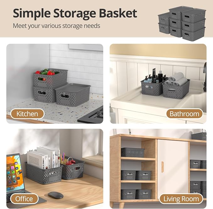 Plastic Storage Bins with Lids, Stackable Small Box Basket for Organizing and Containers for Shelves Drawers Desktop Closet Playroom Pantry Classroom Office Home, 8-pack 10.2x7.2x4.1 Inch, Gray - Image 5