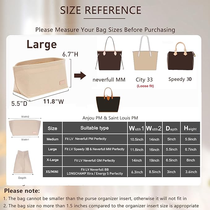 Tote Bag Organizer Insert with Base Shaper, Felt Neverfull MM Organizer, Purse Organizer Insert with Zipper Pocket and Bottle Holder, Fits Speedy 30 Neverfull MM Tote Handbags and More,Beige-L - Image 2