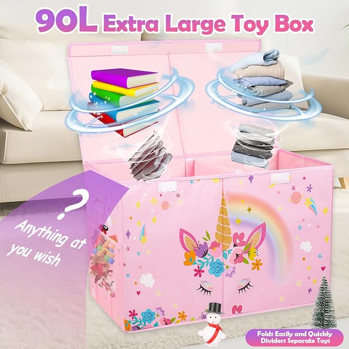 Large Toy Box, Sturdy Kids Storage Organizer for Boys Girls, 25"x13"x16" | Collapsible Storage Box with Lids, Toy Chest Bins Basket for Living Room, Playroom, Nursery, Pink - Image 2