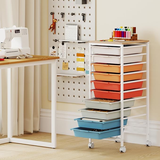 GOFLAME 10-Drawer Rolling Storage Cart, Craft Storage Cart with Wooden Tabletop and Lockable Wheels, Art Cart Supply Storage Organizer with Metal Frame for Home Office Classroom, Macaron Color - Image 2