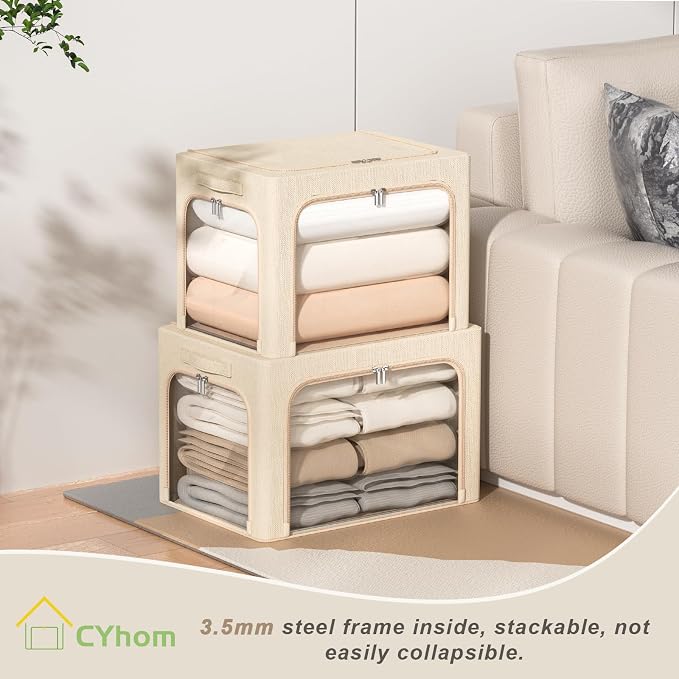 CYhom 3 Openings Clothes Storage Bins Box - 3Pack Stackable Foldable Storage Bin - Metal Frame Storage Box Clothing Storage Organizer with Clear Window, Carry Handles (Beige, 100L-23.6x16.5x15.7in) - Image 6