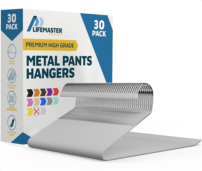 Lifemaster Metal Pants Hanger Set - 30 Pieces Elegant Non-Slip Closet Space Saving Hanger Set for Pants, Trouser, Blankets, and Jeans with Open Ended Sleek Design - White by LIFEMASTER