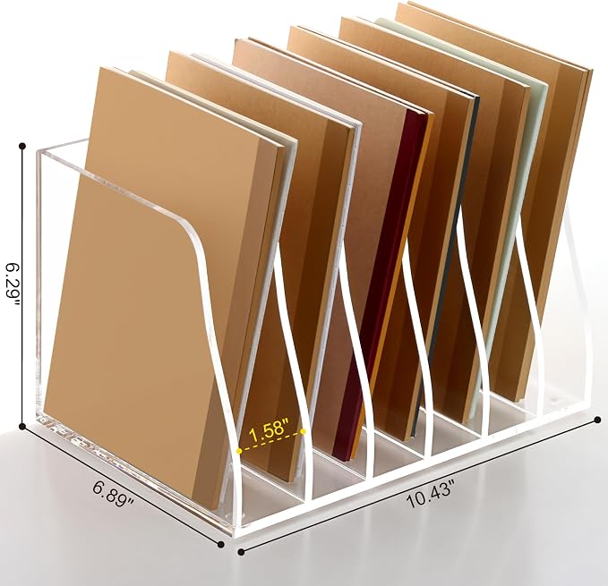 SANRUI Acrylic Magazine File Holder, 6 Vertical Compartments Desk Document Sorter Organizer, Clear Folder Rack Binder Bookstore Workspace Sorters for Office Accessories Organization Storage - Image 2