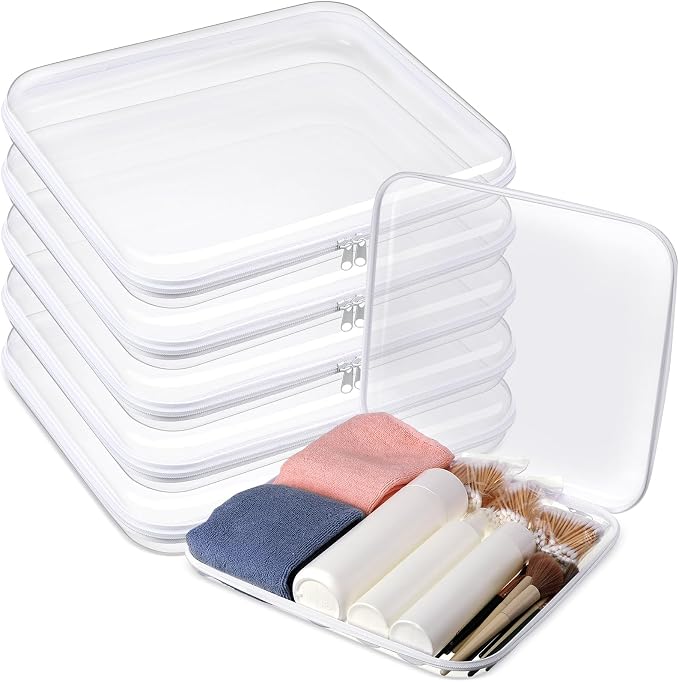 Sanwuta 6 Clear Hard Zipper Case,White,13.78 X 11.81 X 2 Inch | Pencil Case Pouches ,Makeup Bag,Plastic Toiletry Diaper Bag ,Travel Toy Storage,Waterproof Organizer Bins by Sanwuta