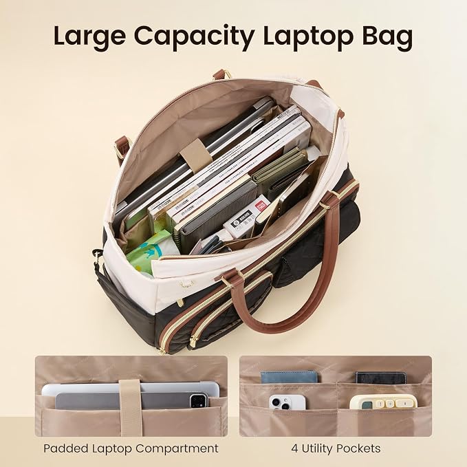 LOVEVOOK Tote Bag for Women, Work Bag with Large Cup Holder, Large Capacity Teacher Tote with Multi Pockets, Water Resistant Nurse Diaper Tote Fit 17.3 Inch Laptop, 17.3 Inch Black Beige Brown - Image 3