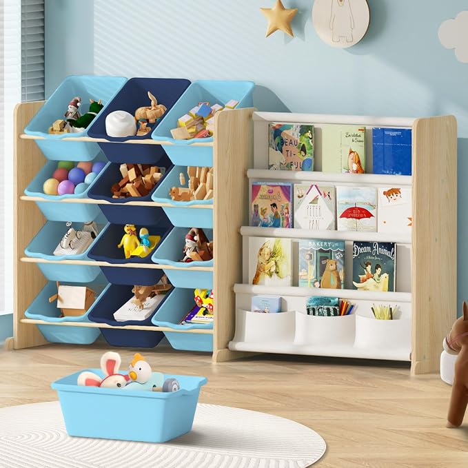EXPERLAM Kids Toy Storage Organizer - Toy Storage with Bookshelf, Toy Organizer with 12 Blue Bins and 4 Book Shelves, Toy Organizers and Storage for Playroom, Nursery, Kids Room, Burlywood by EXPERLAM