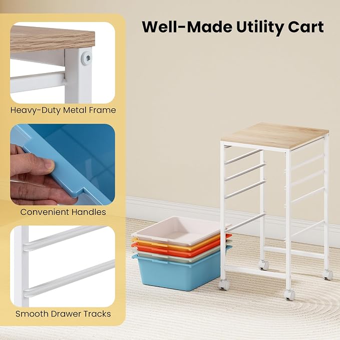 Rolling Storage Cart with 5 Drawers, Plastic Craft Organizer on Wheels with Wooden Top, Mobile Art Supply Utility Cart for Classroom, Home, Office - Image 7