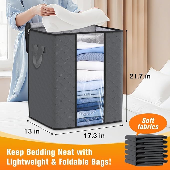 6 Pack Clothes Storage Bags 80L Blanket Storage Containers with Window Grey | Large Comforter Organizer for Closet, Bedding, Quilts, Sheets and Pillows, Foldable Storage Bags for Home Organization - Image 2