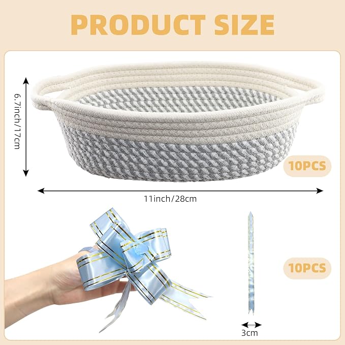 10 Pack Small Woven Basket with Gift Bags and Ribbons, Rectangle Storage Basket Set, Natural Cotton Rope Woven Baskets, Gift Basket for Baby Nursery, Toy Baskets, Bathroom Organization Bin - Image 2