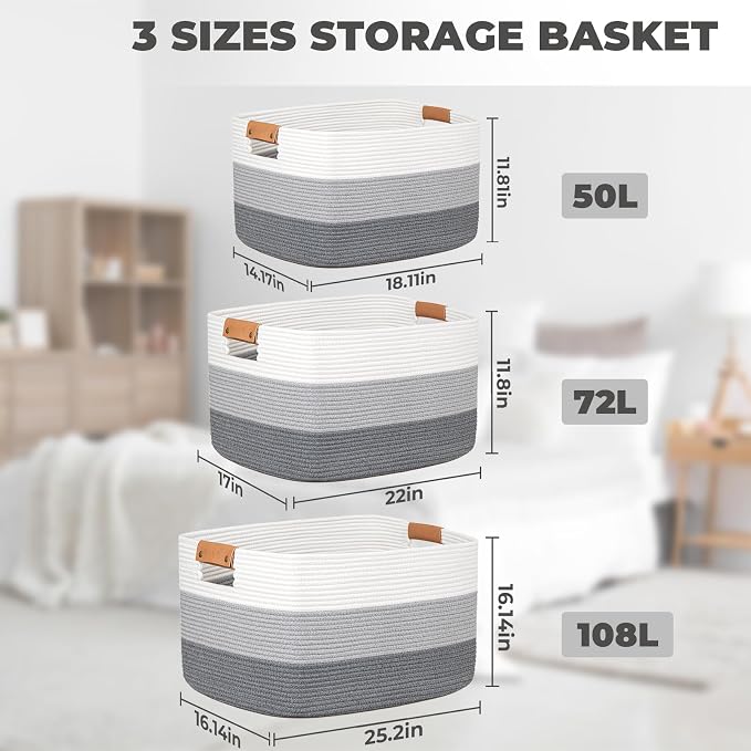 Rectangle Blanket Storage Basket, 50L Large Decorative Basket Living Room, Storage Bin with Handle, Woven Rope Hamper for Toy Organizing & Laundry, 18.11’’*14.17’’*11.81’’ Gradient Grey - Image 3