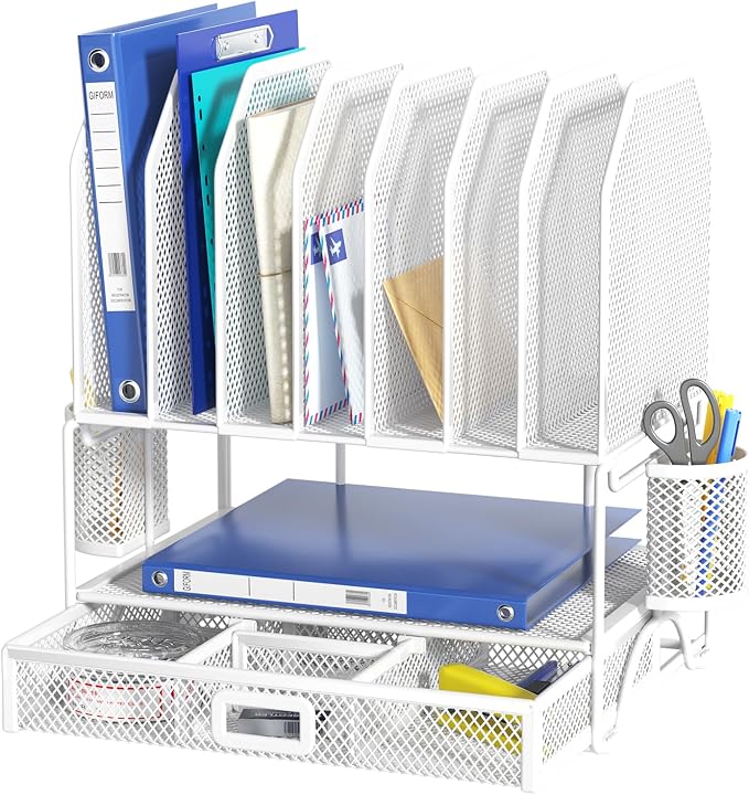 FANXIYQ Metal Desk Organizer with Sliding Drawer, 7-Section File Organizer for Desk, Desktop File Folder & Paper Organizer with 2 Hanging Pen Holders, Office Supplies Organizer, White by FANXIYQ
