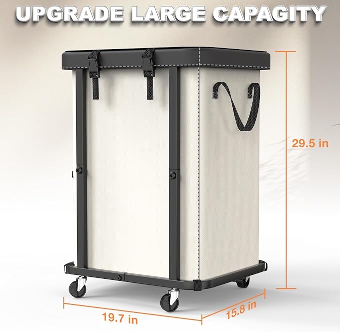 Laundry Basket with Wheels,150L Leather Patchwork Rolling Hamper Carts | Sturdy Metal Frame, Removable Washable Bag, Tall Clothes Sorter for Bedroom, Laundry Room - Beige - Image 6