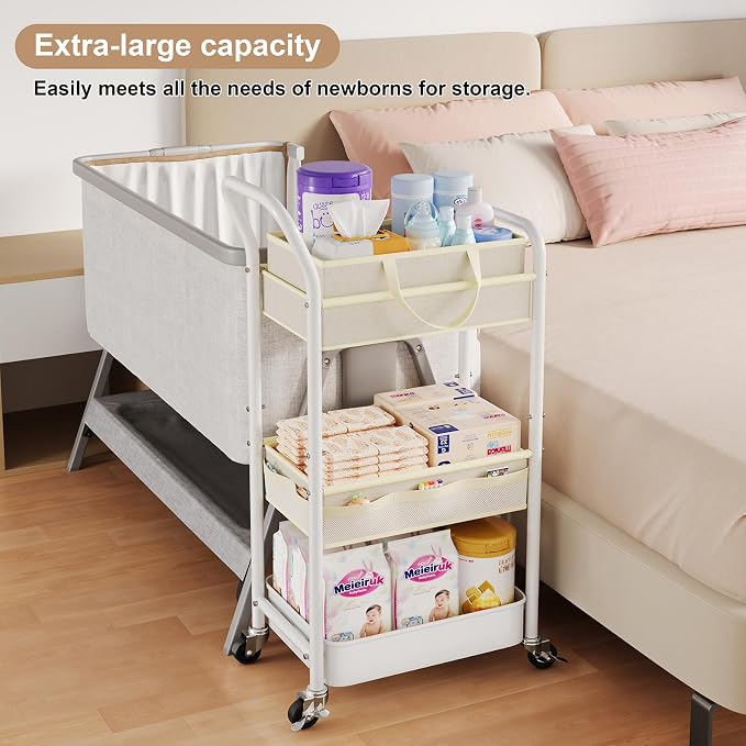 Baby Diaper Caddy Organizer Cart with Adjustable Shelf and Detachable Dividers, Off-White 3 Tier Rolling Storage Cart Metal on Wheels, Bedside Trolley Carts for Baby Essentials, Nursery, Newborn Stuff - Image 4