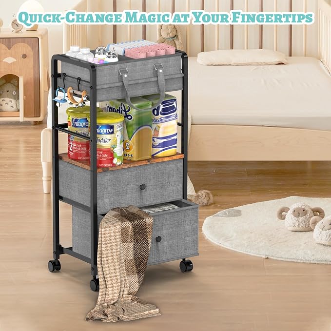 2IN1 Baby Diaper Caddy Organizer & 4-Tier Rolling Cart, Bedside Cart for Baby Essentials Nursery With Drawers, Metal Mobile Diaper Caddy Cart with Wheels, Storage Basket with Dividers for Baby Shower - Image 7