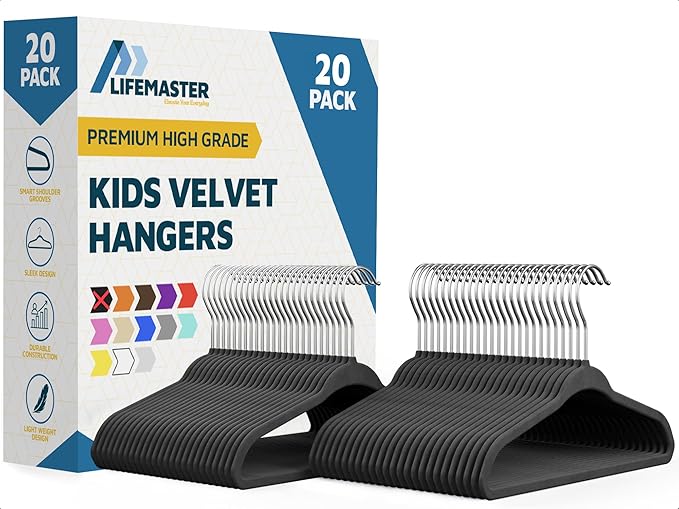 Black Velvet Kids Hangers 20 Pack, 10.83" Non-Slip Baby & Toddler Hangers for Clothes, Space-Saving Slim ABS Plastic with 360° Swivel Hook & Notched Shoulders, Up to 10 lb Capacity by LIFEMASTER