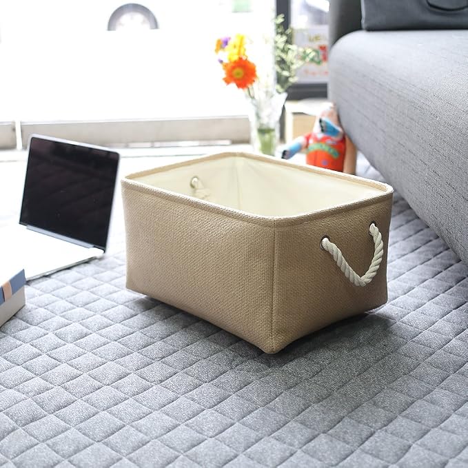 Decorative Basket Rectangular Small Storage Basket Fabric Storage Bin Organizer Basket with Handles for Clothes Storage (Beige, 11.8L×7.9W×5.2H inch) - Image 5