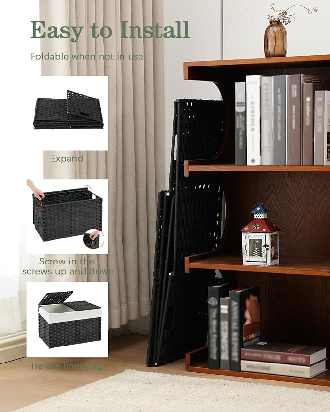 SETVSON Storage Basket with Lid PE Rattan Woven Storage Bins, 65L Black | 65L Storage Bin with 2 Separate Lids, 2 Removable Liner Bags with Divider, Sturdy Metal Frame, Foldable Side Handles - Image 4