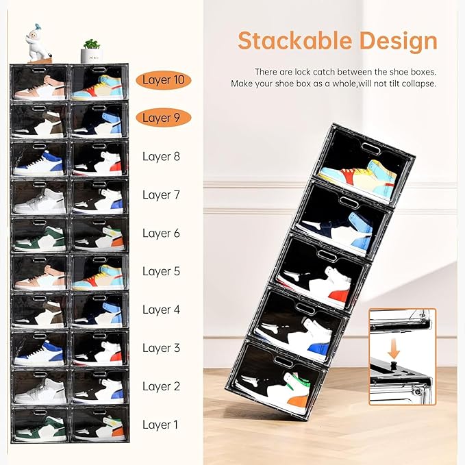 Amllas New 8 Pack Shoe Boxes Stackable, Large Shoe Storage Organizer with Lids,Drop Side Shoe Containers for Entryway,Sneaker Storage Fit up to US Size 13 for Men/Women(13’’x 10.6”x 8.3”) - Image 6