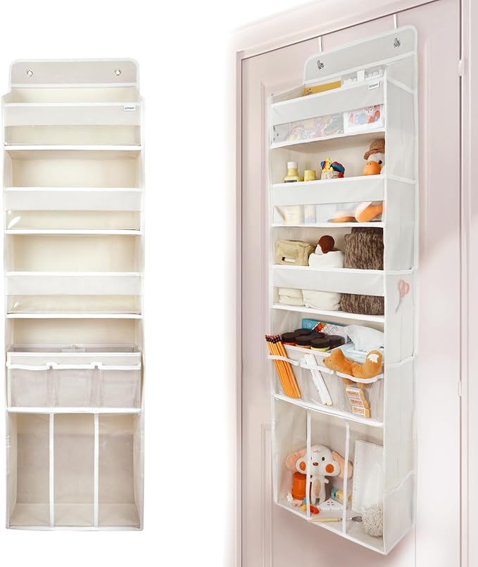 Door Hanging Storage Organizer,with 3 Bins 1 Movable Baby Diaper Caddy,1 Large capacity diaper stacking storage Organizer,10 Side Pockets ,Bedroom Door Storage for Nursery Baby Essentials. (Beige) - Image 3