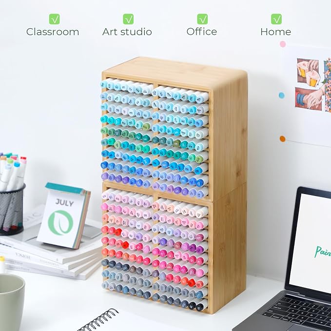 Ohuhu Bamboo Marker Organizer, Wooden Desktop Storage Holds 126 Markers | Markers Pens Pencils Art Brushes Stationary Organizer Pencil Holder with 18 Compartments for Classroom Office Decor Home - Image 7