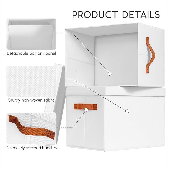 Storage Bins with Lids - Fabric Storage Baskets for Shelves, 4 Pack Foldable Decorative Boxes with Handles, Stackable Organizer Bins for Home, Nursery, Dorm, White - Image 4