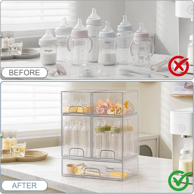 QRRICA Baby Bottle Organizer for Countertop, 5-Piece Stackable Clear Acrylic Storage with Non-Slip Pads & Handles – Large Capacity for Kitchen, Pantry, Bathroom, Vanity, Cabinet - Image 4