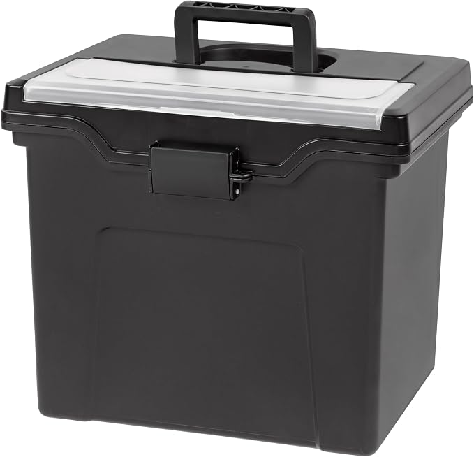 IRIS USA File Box Organizer with Lid, Letter File, Portable Handle, Black | Carry letter size files, documents and paperwork with a portable handle and secure lid for organized storage on the go by IRISUSA