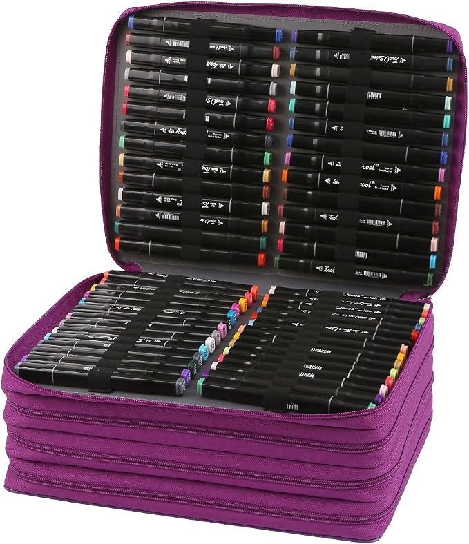 Marker Pen Organizer Case 224 Slots w/Handle & Shoulder Strap | 4-Layer Zipped Pencil Pouch PU Leather w/Open Front pocket for Gel Pen Markers to Artists, Painters - Image 3