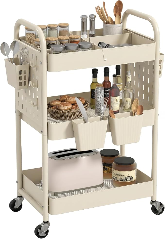 danpinera 3 Tier Rolling Cart with Retractable Dividers, Multi-Functional White Rolling Utility Cart with Pegboards, Hooks & Hanging Cups for Nursery, Living Room, Studio by danpinera