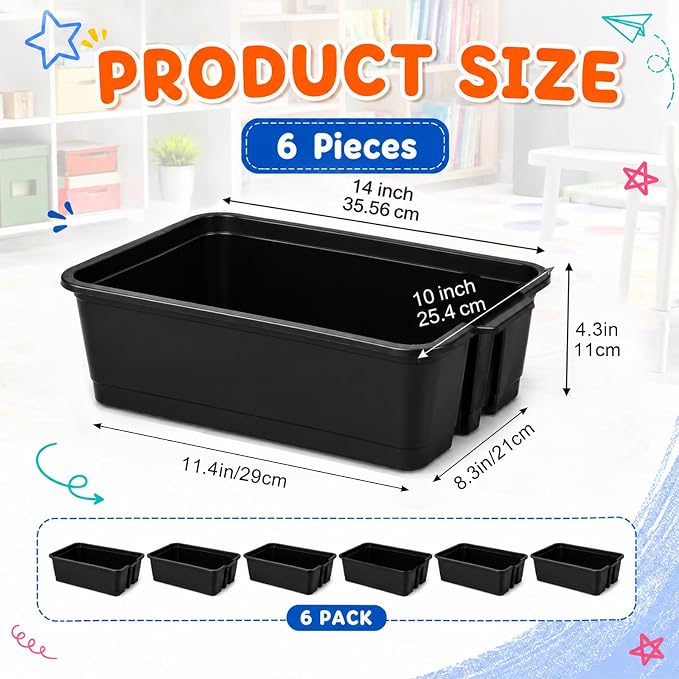6 Pack Plastic Book Bins Stackable Classroom Cubby Organizer, Black | Scoop Front Storage Bins, Cubby Bins with Handles for School Library Office Home Nursery Playroom Organization - Image 2
