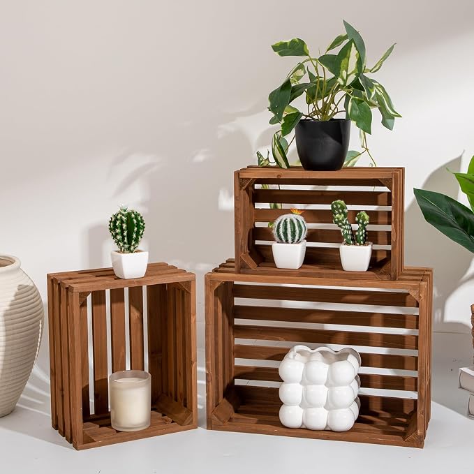 Set of 3 Nesting Wooden Storage Crates - Large Rustic Wooden Storage Crates for Display Brown Wood Container Boxes Wood Baskets for Farmhouse Flower Stand Display Rack for Shops Exhibitions Home Decor - Image 3