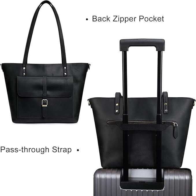 S-ZONE Women Vintage Genuine Leather Tote Bag Large Shoulder Purse Work | 14" Padded Laptop Compartment, Detachable Long Strap, Luggage Strap, Multi Pockets, Travel Everyday - Image 6