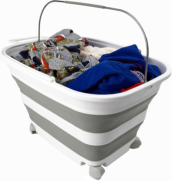 SAMMART 35L (9.24 Gallons) Collapsible Plastic Laundry Basket with Handle and Wheels - Foldable Pop Up Storage Container/Washing Tub - Space Saving (2, White/Grey) - Image 3
