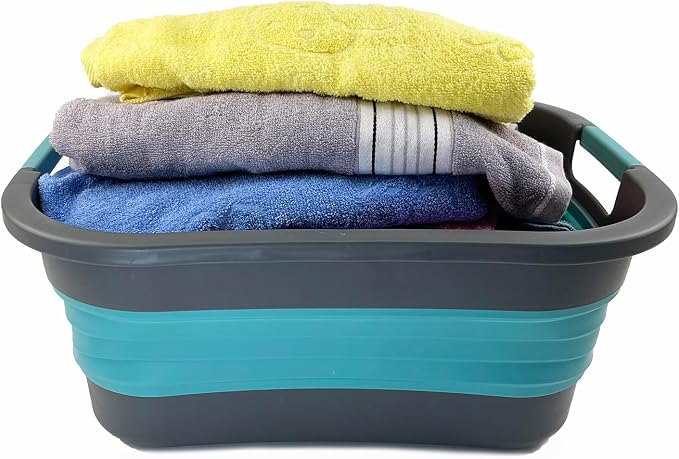 SAMMART 30L (7.9 gallon) Collapsible Plastic Laundry Basket - Foldable Pop Up Storage Container/Organizer - Portable Washing Tub - Space Saving Hamper/Basket (1, Grey/Crystal Blue) - Image 6