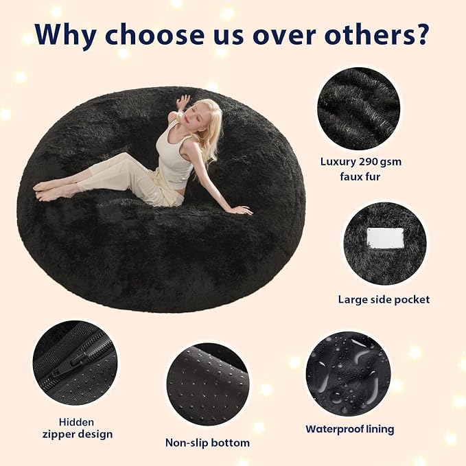 Bean Bag Cover (No Filler), Faux Fur Beanbag Chairs Covers Only, Stuffed Animal Storage Bean Bag, Giant Washable Beanbag Cover Without Filling, 6FT, Black - Image 5