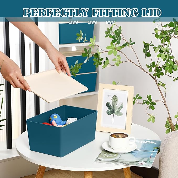 4 Pcs Storage Bins with Lids, Blue, Small | Plastic Stackable Organizing Containers, Heavy Duty Storage Boxes for Classroom Room Shelves, Christmas Ornaments Baskets - Image 4
