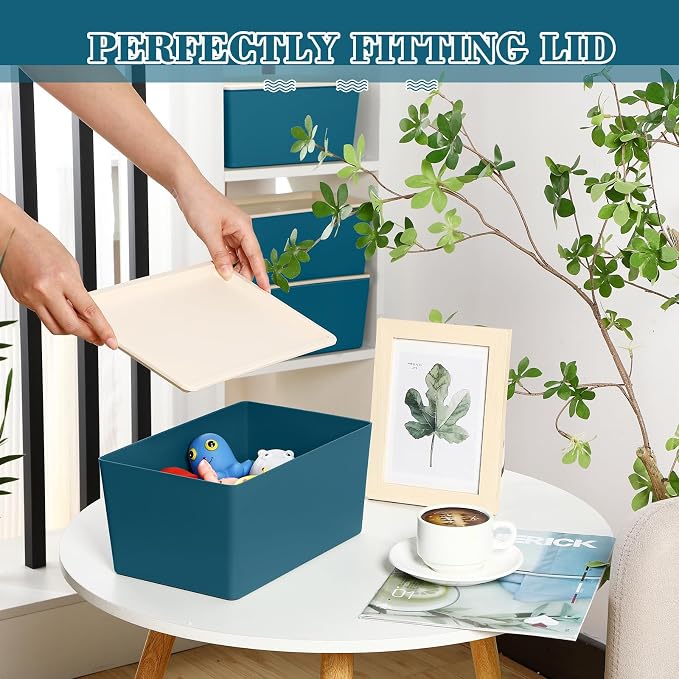 4 Pcs Storage Bins with Lids, Blue, Large | Plastic Stackable Organizing Containers, Heavy Duty Storage Boxes for Classroom Room Shelves, Christmas Ornaments Baskets - Image 4